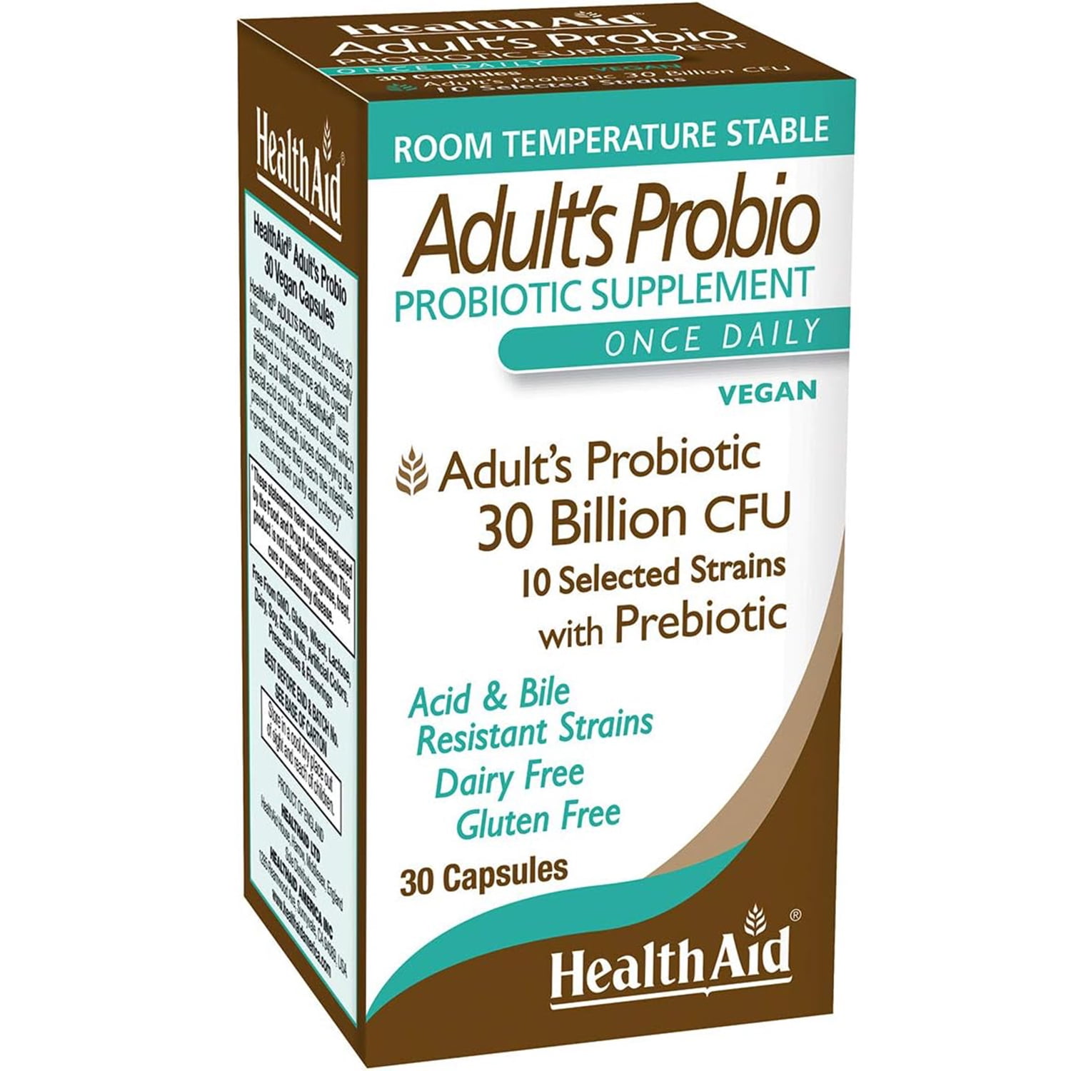 HealthAid AdultsProbio 10 Strains, Once Daily, 30 Billion with Prebiotic, Acid & Bile Resistant Strains, 30 Capsules