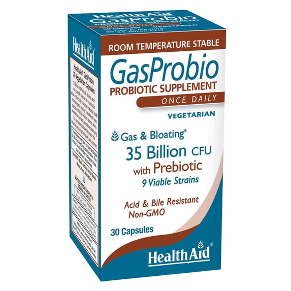 HealthAid GasProbio Digestive Support Probiotic 35 Billion CFU, 9 Strains + Prebiotic Helps Support Digestive Comfort & Reduce Occasional Bloating – Acid & Bile Resistant, Vegetarian 30 Capsules*