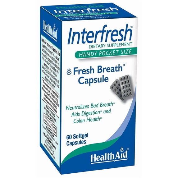 HealthAid Interfresh, 60 Soft Gel Capsules, Twice Daily, Fights Bad Breath and Aids in Digestion and Colon Health, Feel Fresh All Day Long
