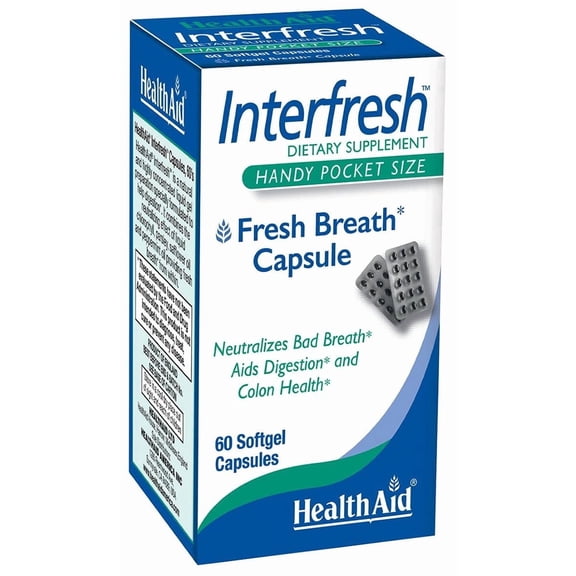 HealthAid Interfresh, 60 Soft Gel Capsules, Twice Daily, Fights Bad Breath and Aids in Digestion and Colon Health, Feel Fresh All Day Long
