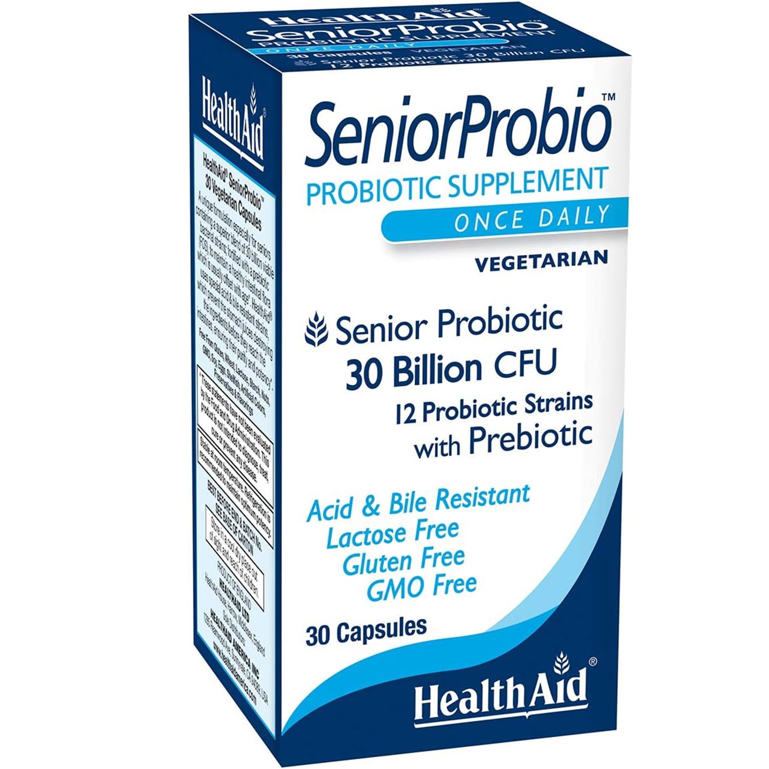 HealthAid Seniorprobio, Once Daily, 30 Billion with Prebiotic, Acid & Bile Resistant, Lactose, Gluten, and GMO Free, Vegetarian, 30 Capsules