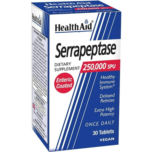 HealthAid Serrapeptase 250,000 SPU, Once Daily, Extra High Potency, Delayed Release, 30 Vegan Tablets