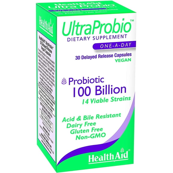 HealthAid UltraProbio, 100 Billion , Optimum Support 100 Billion with Prebiotic, Acid & Bile Resistant, Dairy & Gluten Free, Non-GMO, 30 Vegan Capsules