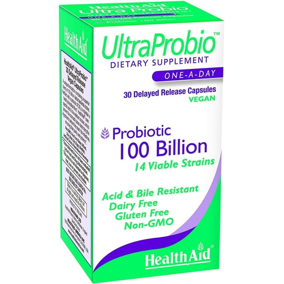 HealthAid UltraProbio, 100 Billion 30ct Once Daily Capsules, Optimum Support 100 Billion with Prebiotic, Acid & Bile Resistant, Dairy & Gluten Free, Non-GMO, Vegan