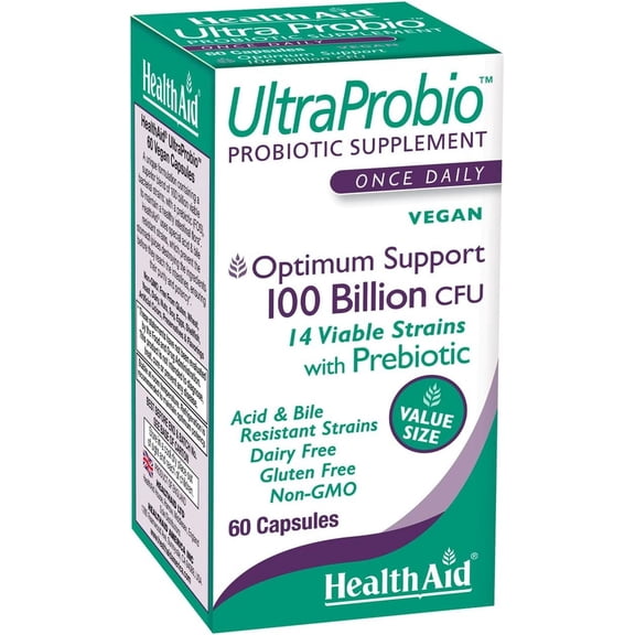 HealthAid UltraProbio, 100 Billion 60ct Once Daily Capsules, Optimum Support 100 Billion with Prebiotic, Acid & Bile Resistant, Dairy & Gluten Free, Non-GMO, Vegan