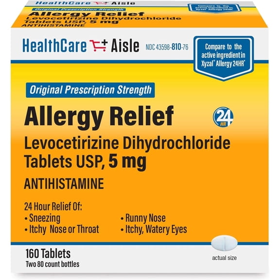 HealthCareAisle Allergy Relief - Levocetirizine Dihydrochloride Tablets USP, 5 mg, 160 Tablets, Original Prescription Strength Allergy Medication, 24-Hour Relief, 80 Count (Pack of 2)
