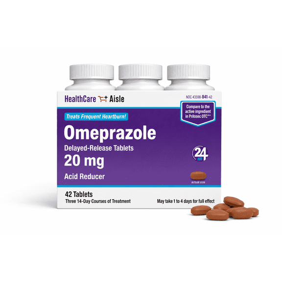 HealthCareAisle Omeprazole 20 mg - 42 Delayed-Release Tablets - Acid Reducer, Treats Frequent Heartburn