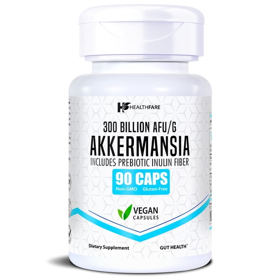 HealthFare Akkermansia Muciniphila Probiotic | 300 Billion AFU | 90 Vegan Capsules | Inulin Prebiotic for Gut Health & Digestive Support | Non-GMO, Gluten-Free | Made in USA