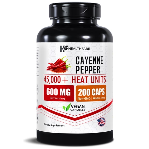 HealthFare Cayenne Pepper Capsules 600mg | 200 Vegan Pills | 45,000 Heat Units (HU) | Cardiovascular, Circulation & Digestive Support | High Potency Herbal Extract | Non-GMO, Gluten-Free | Made in US