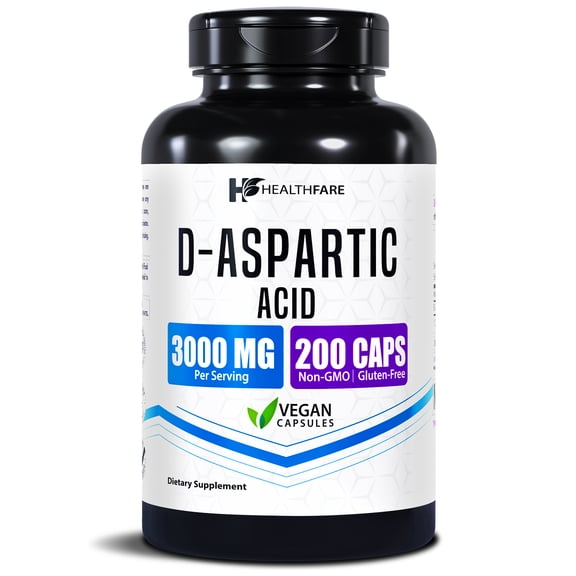 HealthFare (DAA) D-Aspartic Acid Supplement for Men & Women | 3000mg High Potency Amino Acid | 200 Capsules | Non-GMO, Gluten-Free, Vegan Supplement | Made in USA