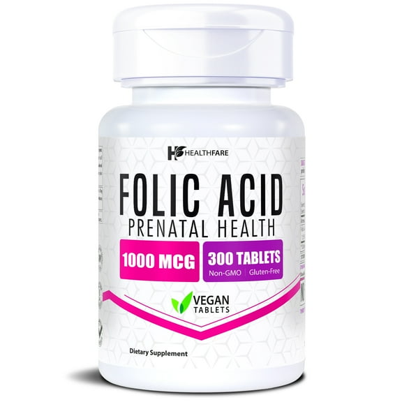 HealthFare Folic Acid 1000mcg | 300 Veg Tablets | Vitamin B9 | Vegetarian, Non-GMO, Gluten-Free | Made in the USA