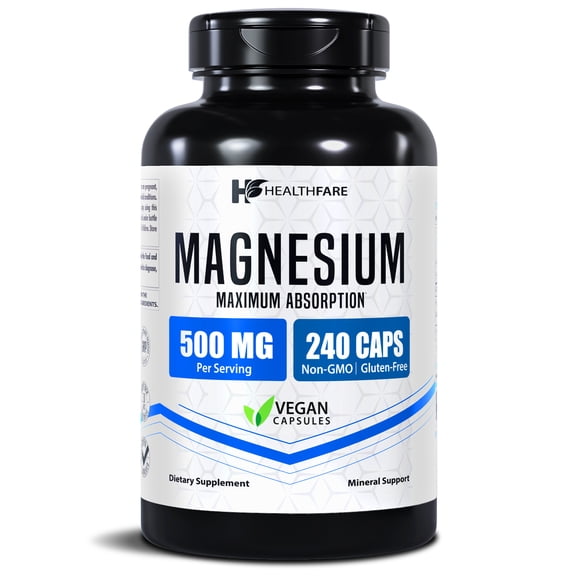 HealthFare Magnesium Oxide 500mg | 240 Vegan Capsules | Extra Strength Essential Mineral Supplement | High Absorption Formula | Non-GMO, Gluten-Free | Made in USA