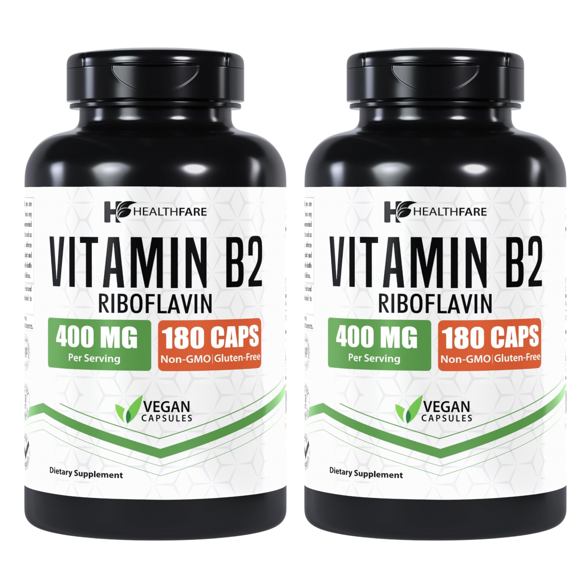 HealthFare Vitamin B2 Riboflavin 400mg | Pack of 2 | 180 Veg Capsules Each | Extra Strength | Non-GMO | Gluten-Free | Made in USA