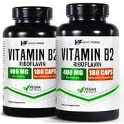 HealthFare Vitamin B2 Riboflavin 400mg | Pack of 2 | 180 Veg Capsules Each | Extra Strength | Non-GMO | Gluten-Free | Made in USA