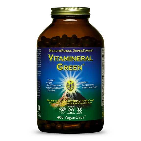 HealthForce SuperFoods Vitamineral Green - Mineral Supplement for Immune & Thyroid Support - Green Powder Supplement with Ingredients from the Land - Gluten-Free & Vegan - 400 Capsules