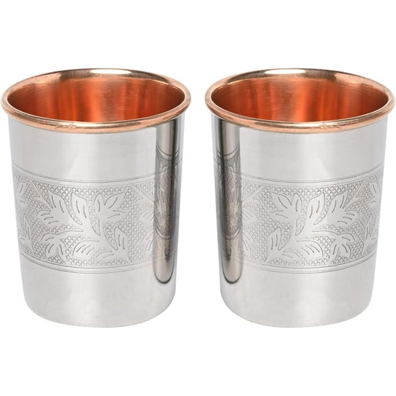 HealthGoodsIn - Etching Floral Dual-Layer Copper & Stainless Steel Tumbler Set 2 Pack - 250ml for Ayurveda