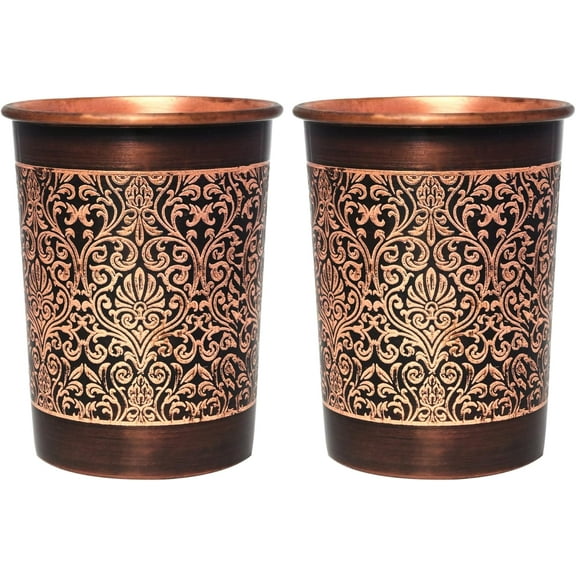 HealthGoodsIn -Floral Engraved Copper Tumbler Set (2) - 250ml for Ayurveda