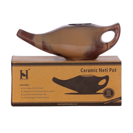HealthGoodsIn - Porcelain Ceramic Neti Pot For Nasal Cleansing With 10 Sachet Neti Salt and Instructions Leaflet - Chocolate Color