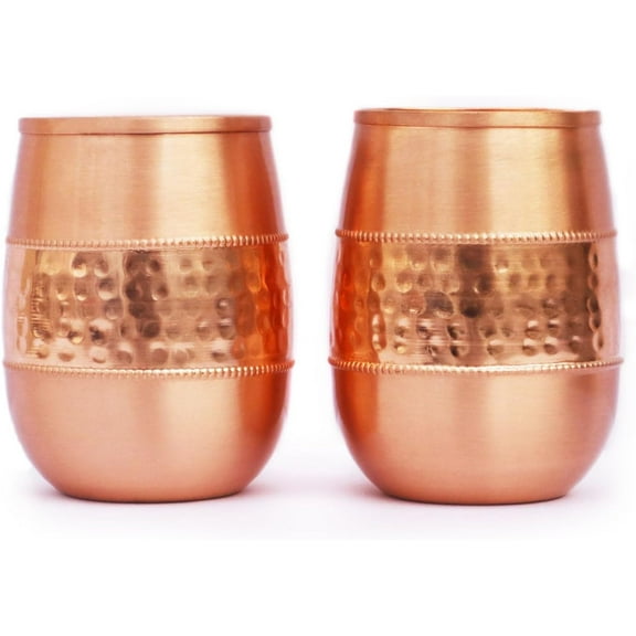 HealthGoodsIn -Pure Copper Tumblers Set of 2 Barrel Design Hammered & Plain for Ayurvedic Wellness - 250ml
