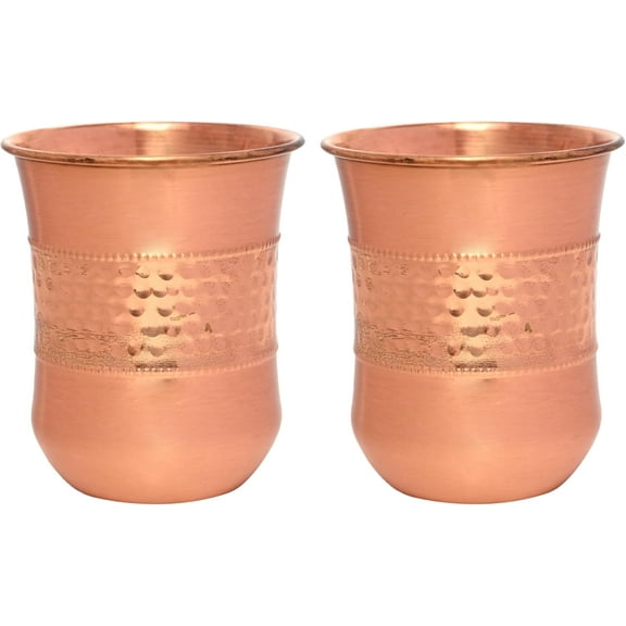 HealthGoodsIn -Pure Copper Tumblers Set of 2 Curved Design Hammered & Plain for Ayurvedic Wellness - 250ml