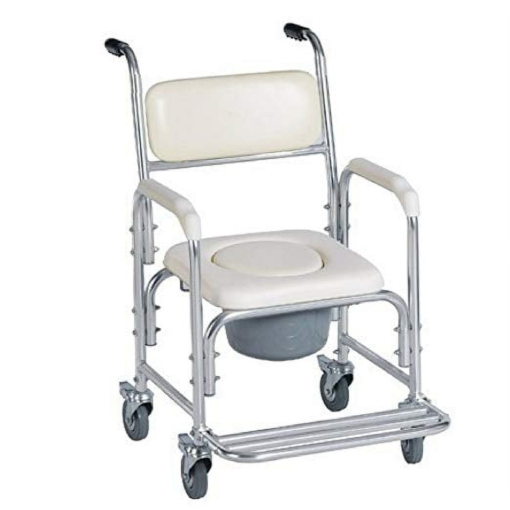 HealthLine Bedside Commode, Aluminum Shower Chair with Padded Seat, Armrests and Legrest, Rolling Commode with Wheels and Bucket Splash Guard