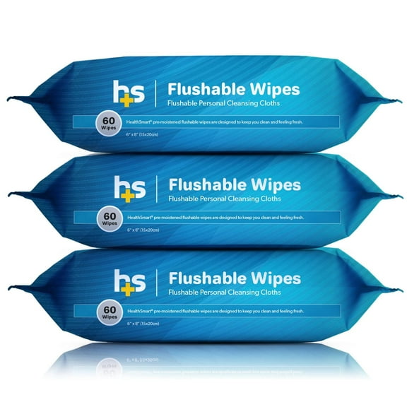 HealthSmart 180 Count Flushable Wipes, for Sensitive Skin, 3 Packs of 60