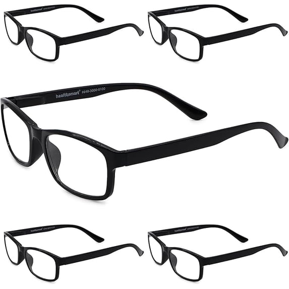 HealthSmart Blue Light Blocking Reading Glasses, Pack of 5, Black, 2X magnification, UV/UVA/UVB protection, Ultra-light, Flexible, Spring Hinges that Fit All Face Types, Durable Frames