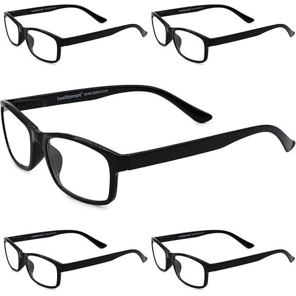 HealthSmart Blue Light Blocking Reading Glasses, Pack of 5, Black, 2X magnification, UV/UVA/UVB protection, Ultra-light, Flexible, Spring Hinges that Fit All Face Types, Durable Frames