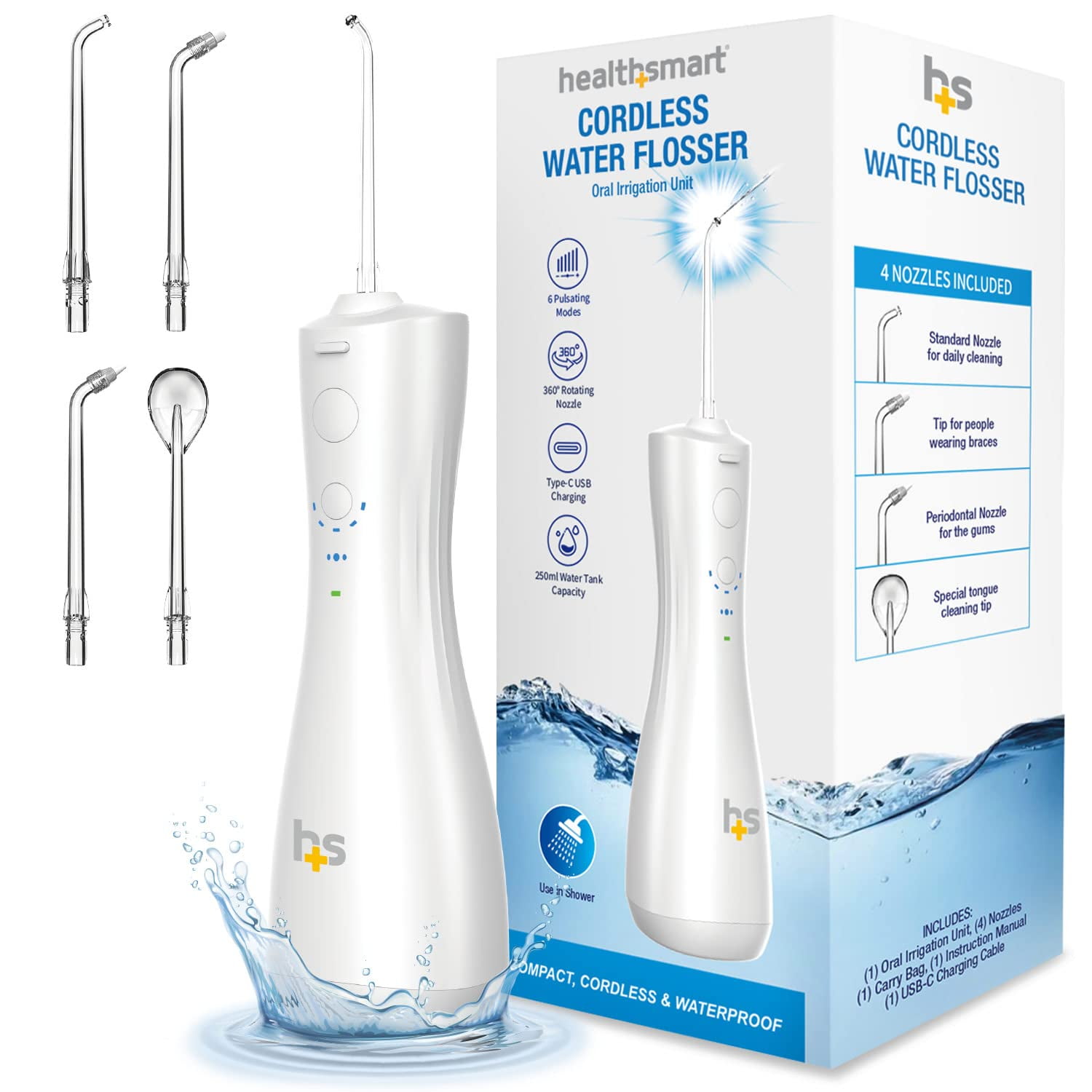 HealthSmart Compact Cordless Water Flosser, Rechargeable TypeC USB