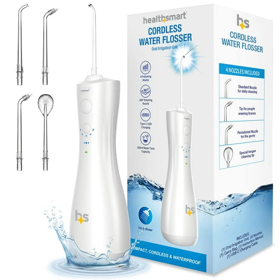 HealthSmart Compact Cordless Water Flosser, Rechargeable Type-C USB, Removes Food Particles, 4 Cleaning Nozzles, 6 Pulsating Modes, 250ml Water Tank, FSA & HSA Eligible, Promotes Healthy Gums