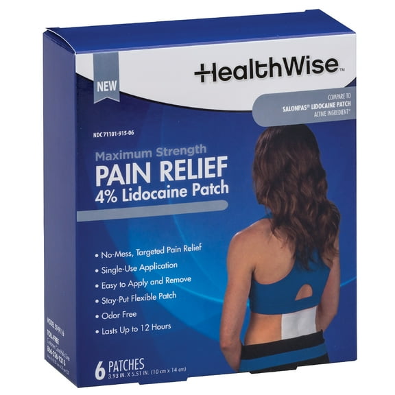 HealthWise 4% Lidocaine Pain Relief Patch | Maximum OTC Strength | 6-Count | 3.93 x 5.51 | Soothes Minor Aches and Pains | Odor Free | Topical Anesthetic | Easy to Apply Flexible Adhesive