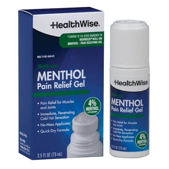HealthWise 4% Menthol Roll-On | Cold Hot Sensation | Pain Relief Gel | 2.5 oz. 73 mL | Non-Greasy Formula | Topical Analgesic
