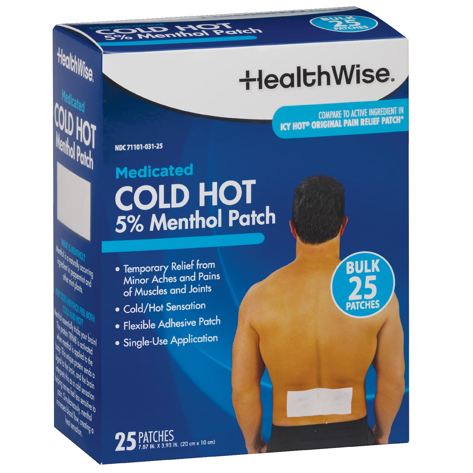 HealthWise Cold Hot Medicated Menthol Patch | 5% Menthol | Back and Large Areas | 7.87” x 3.93” | 25-Count | Paraben-free | Soothes Minor Aches and Pains