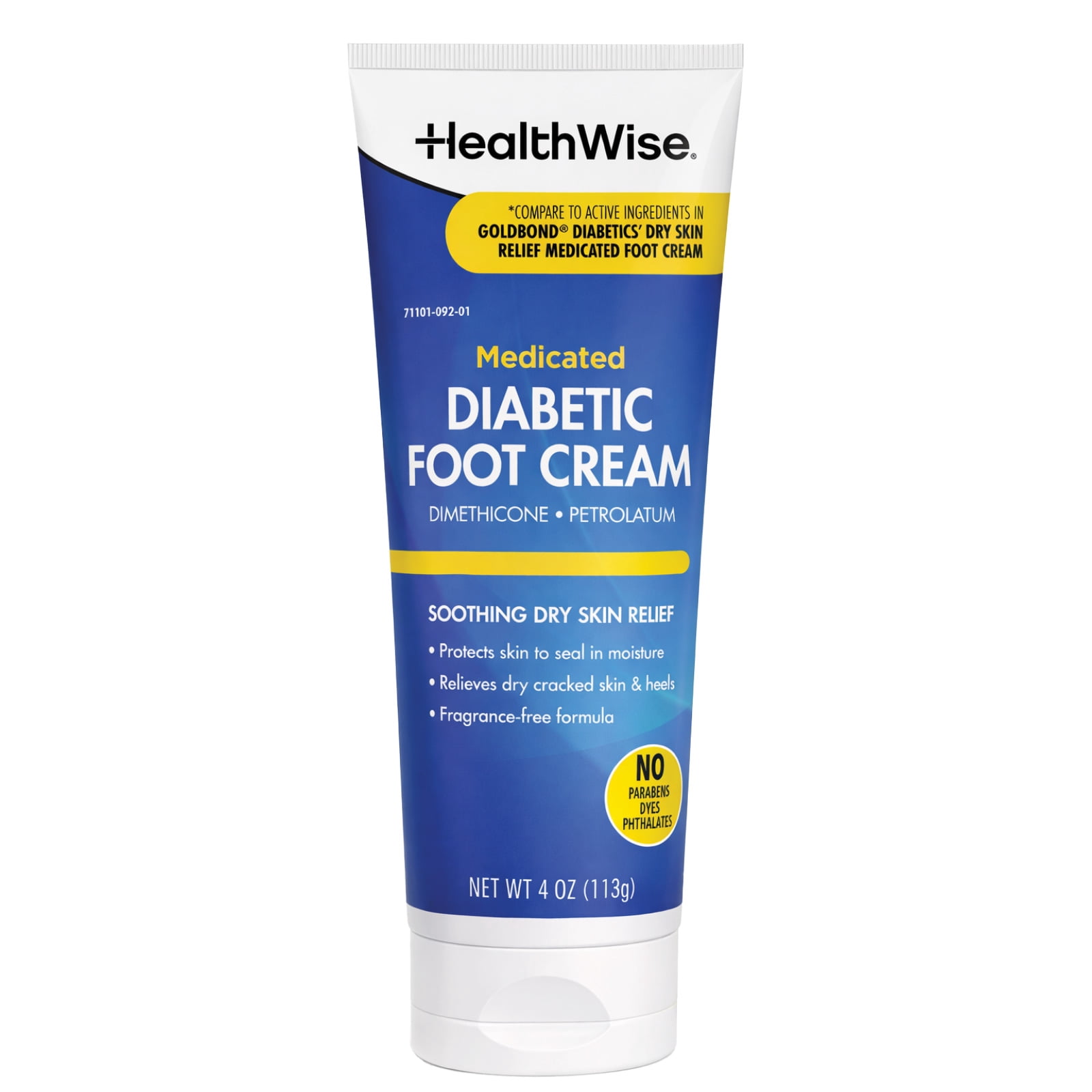 HealthWise Diabetic Foot Cream, 4 oz, Dimethicone + Petrolatum Skin Protectant, Softens Dry, Cracked Heels, Odor-Free, Paraben-Free