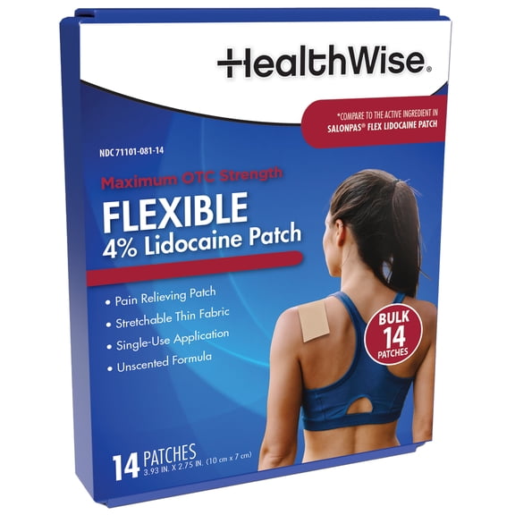 HealthWise Lidocaine Flexible Pain Patch | 4% OTC Lidocaine | 14-Count | Paraben-free Formula | Temporarily Soothes Minor Aches and Pains | Unscented Formula