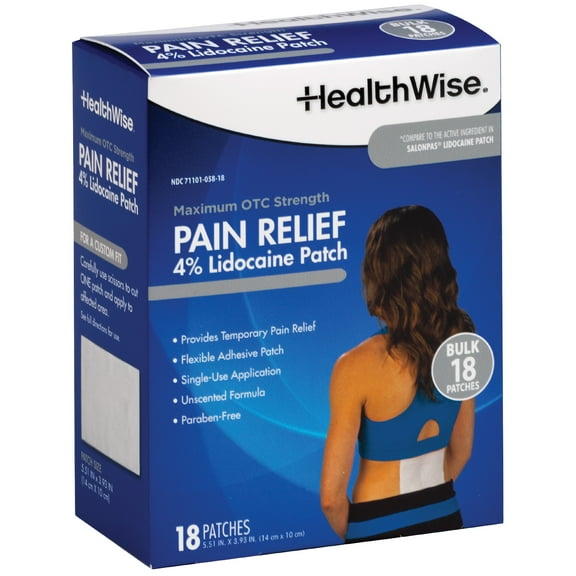 HealthWise Lidocaine Pain Patch | 4% OTC Lidocaine | 18-Count | Paraben-free Formula | Temporarily Soothes Minor Aches and Pains | Unscented | Flexible Application