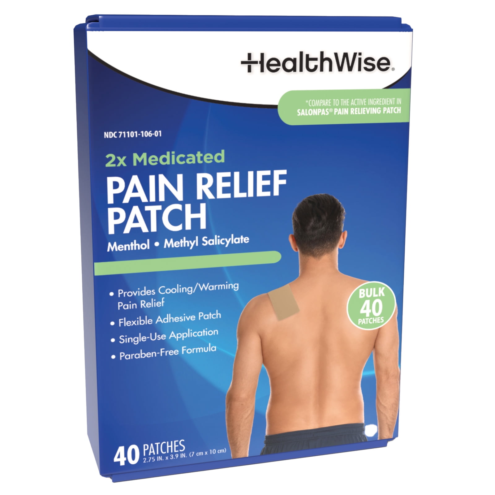 HealthWise Targeted Pain Relief 2x Medicated Patch | 40-Count | 2.75” x 3.9” | Topical Analgesic | Menthol + Methyl Salicylate | Flexible Adhesive