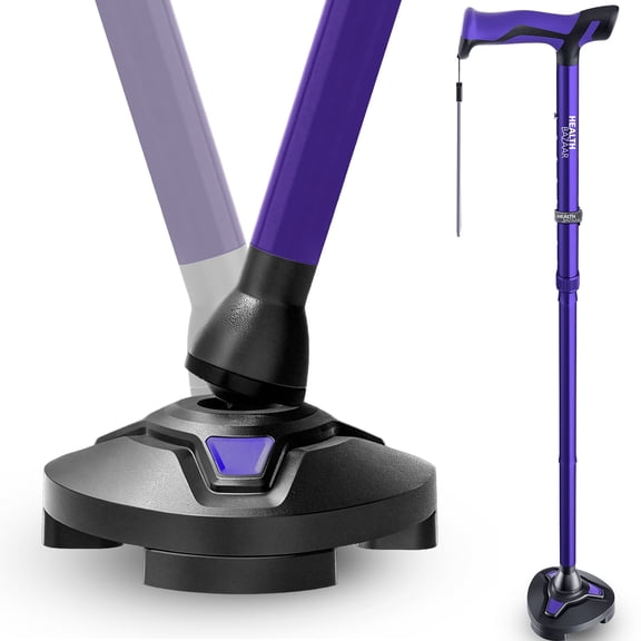Healthbazaar Adjustable Folding Walking Cane with 3-Prong Pivot Base,Self-Standing Tripod Cane for Seniors,Purple