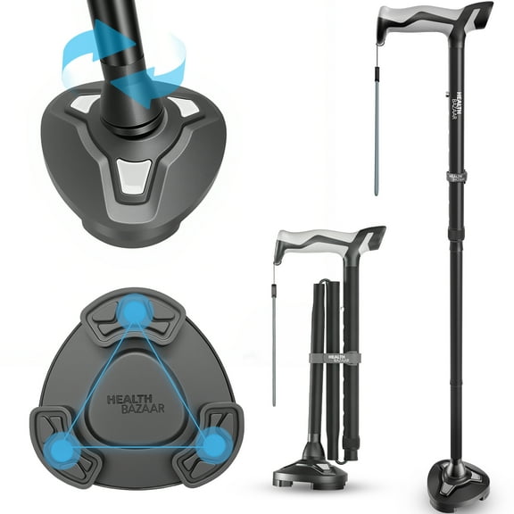 Healthbazaar Adjustable Folding Walking Cane with 3-Prong Pivot Base,Self-Standing Tripod Cane for Seniors,Black