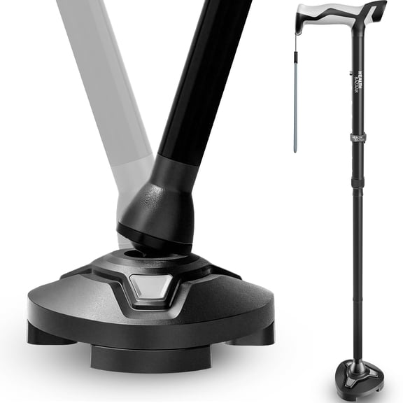 Healthbazaar Adjustable Folding Walking Cane with 3-Prong Pivot Base,Self-Standing Tripod Cane for Seniors,Black