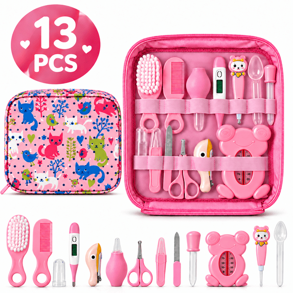 13 in 1 Baby Grooming Kit with Thermometer, Bath Thermmometer, Brush, Comb, Nail Clipper & Nasal Aspirator, Portable Baby Care Set, Newborn Essentials Must Haves for Home & Travel, Pink