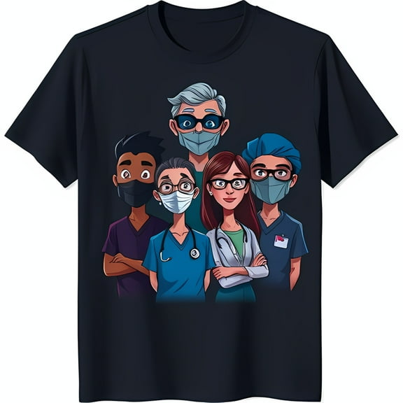 Healthcare Heroes: Diverse Workers in Scrubs & Graphic Tee