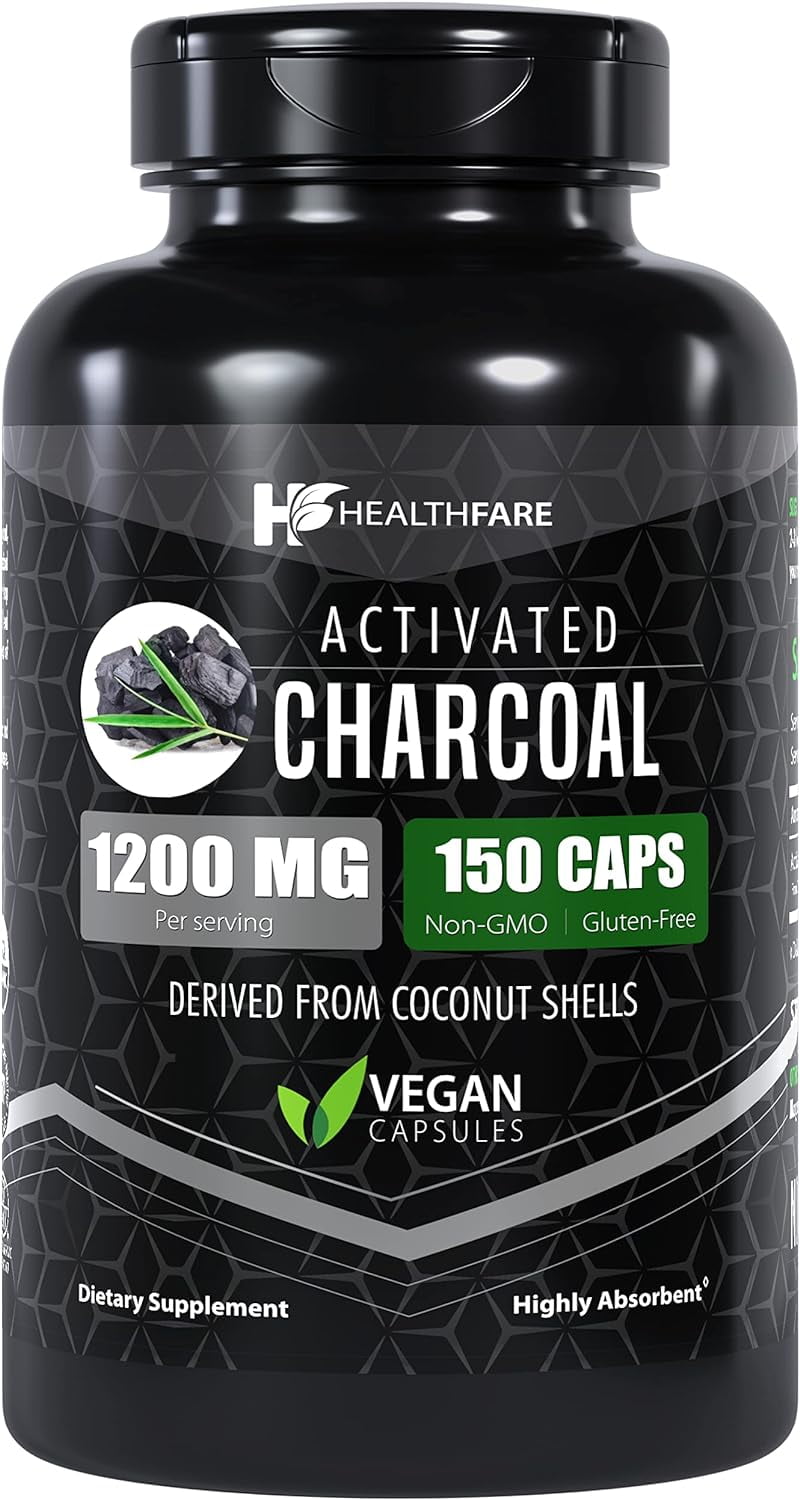 Healthfare Activated Charcoal Dietary Supplement 150 Capsules 1200mg NonGMO USA Made