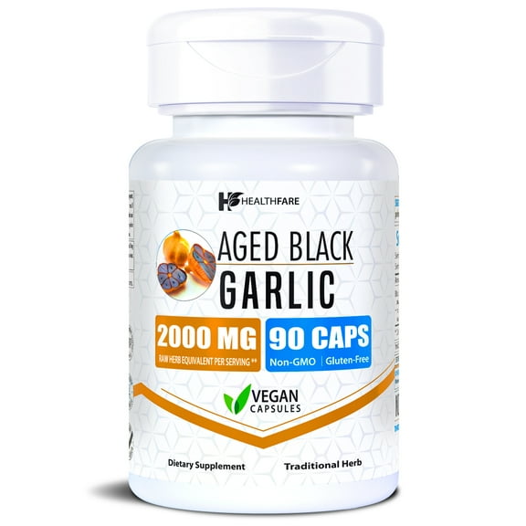 HealthFare Aged Black Garlic Supplement Pills | 2000mg Equivalent | 90 Vegan Capsules | Fermented Odorless Garlic Extract | High Potency Antioxidant Supplement | Non-GMO, Gluten-Free | Made in USA