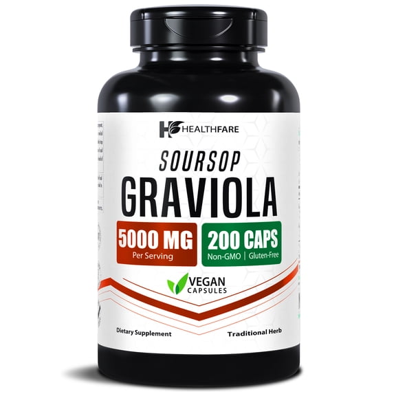 HealthFare Graviola Soursop Extract 5000mg | Annona Muricata | 200 Vegan Capsules | High Potency Leaf & Fruit Blend | Non-GMO | Gluten-Free | Made in USA