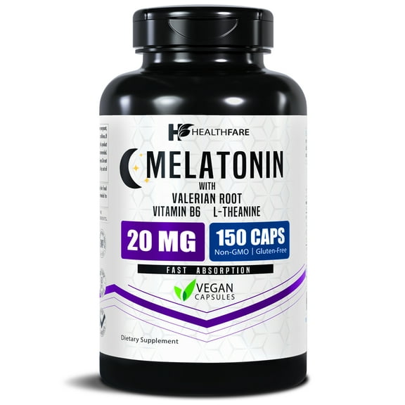 HealthFare Melatonin 20mg Complex | 150 Vegan Capsules | With L-Theanine, Valerian Root & Vitamin B6 | Non-GMO, Gluten-Free | Made in the USA