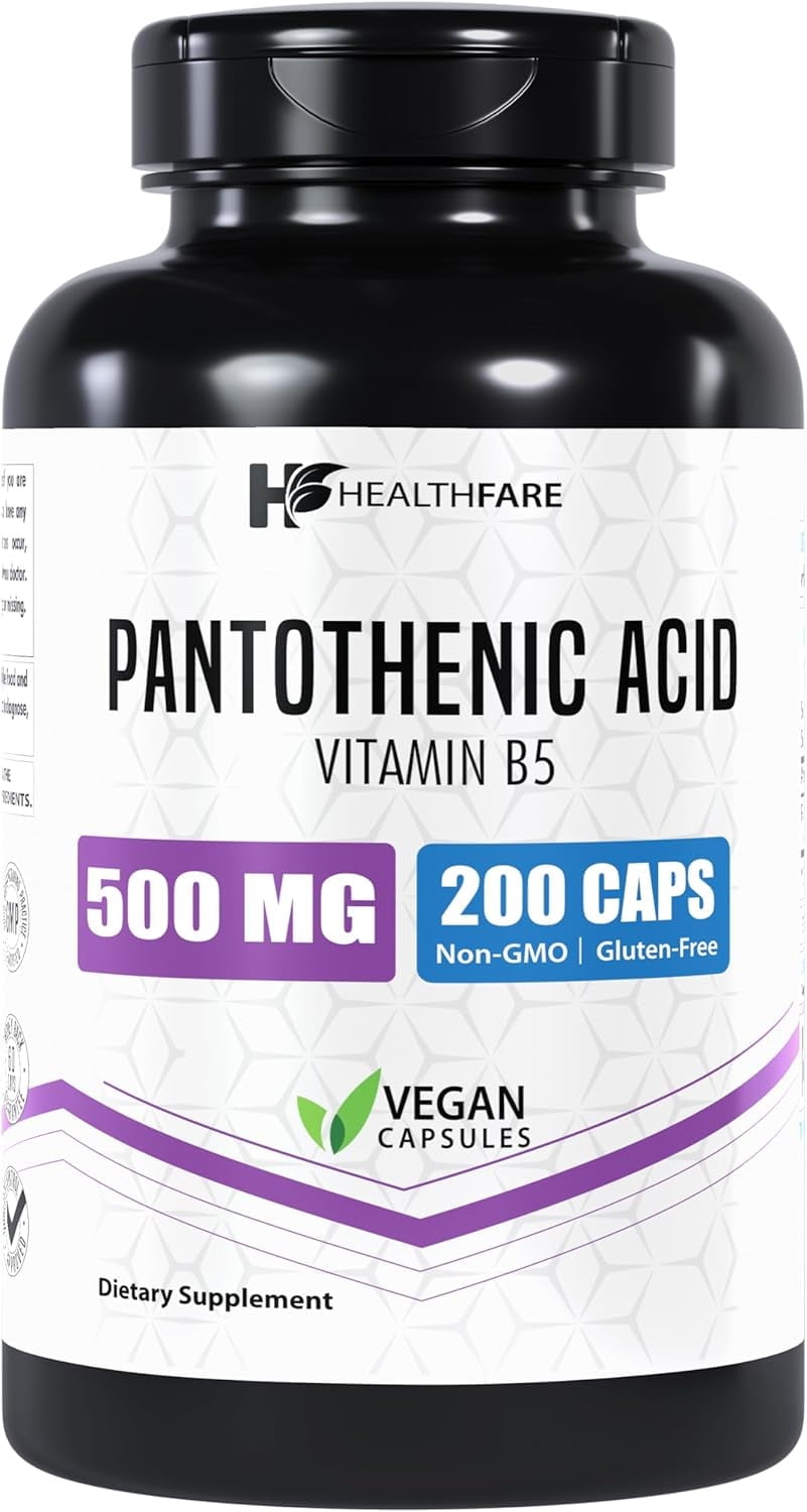 Healthfare Pantothenic Acid (Vitamin B5) 500mg | 200 Capsules | Supports Energy Levels, Skin & Hair Health | Non-GMO | Made in The USA
