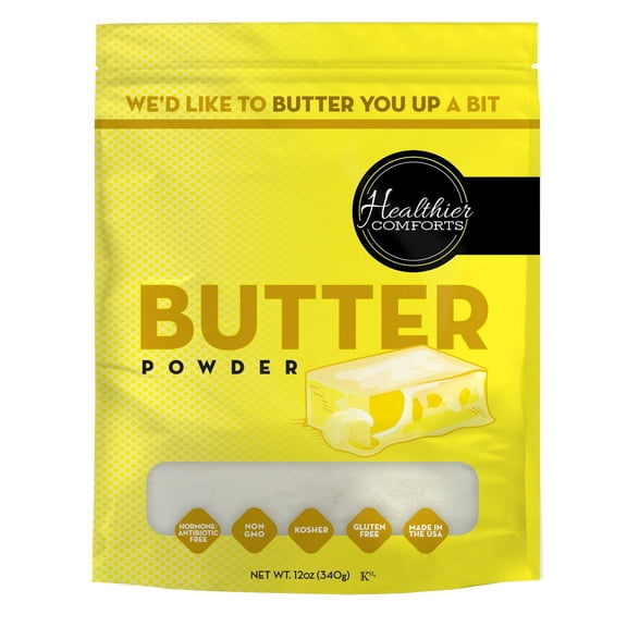 Healthier Comforts Butter Powder 12oz | Dehydrated, Shelf Stable Butter | Kosher, Gluten Free, Non-GMO | Popcorn, Baking, Seasoning | Made in USA