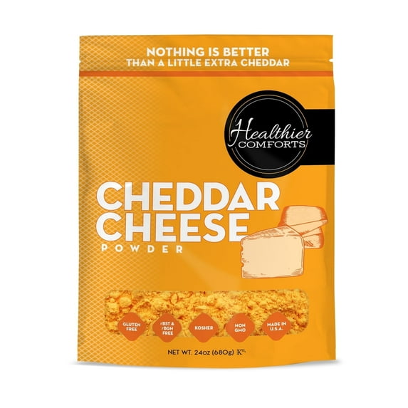 Healthier Comforts Cheddar Cheese Powder 24oz | Premium Yellow Cheddar | Batch Tested Gluten Free, Kosher, No Artificial Dyes | Cheesy Goodness for Popcorn, Pasta, Mac and Cheese | Shelf Stable