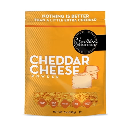 Healthier Comforts Cheddar Cheese Powder 7oz | Premium Yellow Cheddar | Batch Tested Gluten Free, Kosher, No Artificial Dyes | Cheesy Goodness for Popcorn, Pasta, Mac and Cheese | Shelf Stable